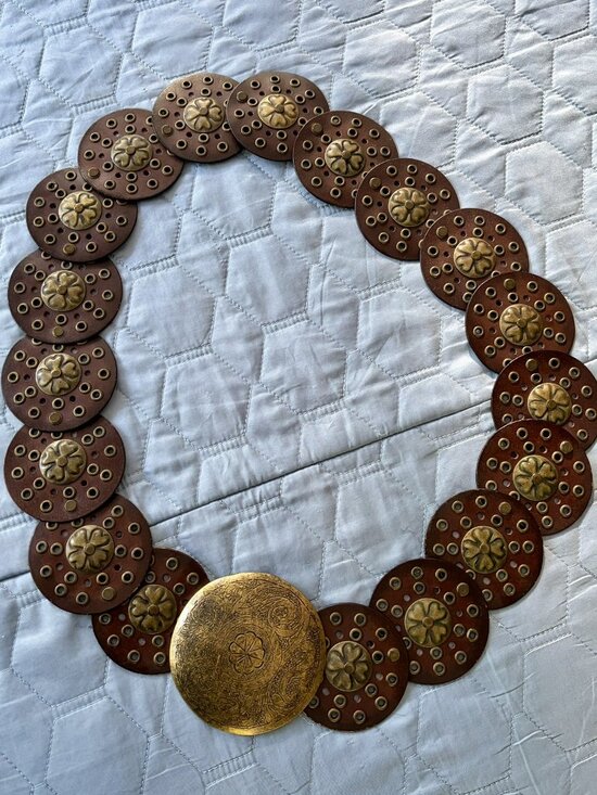 Accessories - Vintage Boho Western Disc Belt Brown Faux Leather Chunky Medallion Festival